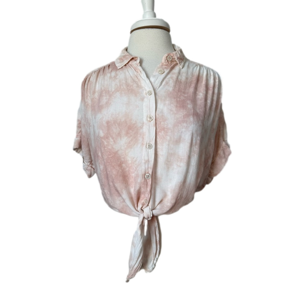 American Eagle Bubble Crop Tie Front Relaxed Shirt Women's XS Pink Beach‎ Boho